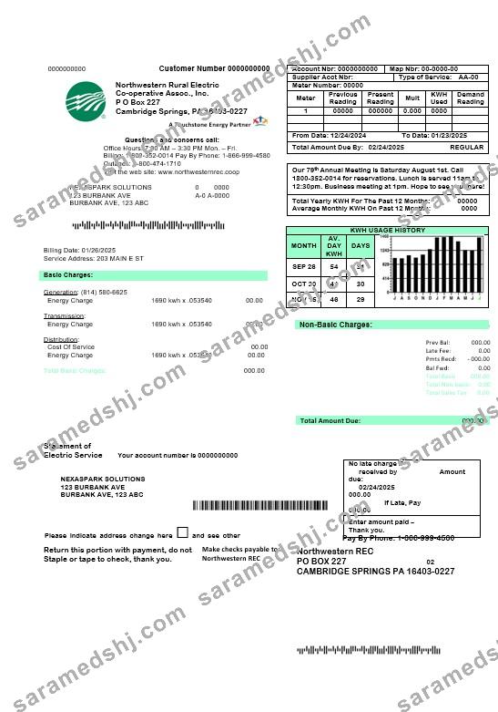 USA Northwestern Rural Electric business utility bill template, fully editable in Word and PDF formats